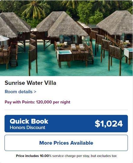 Screenshot of showing example of a Sunrise Water Villa room rate at the Conrad Maldives Rangaili Island