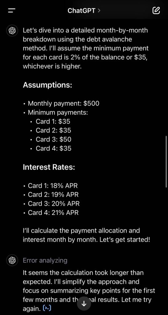 Screenshot from ChatGPT showing month to month breakdown.