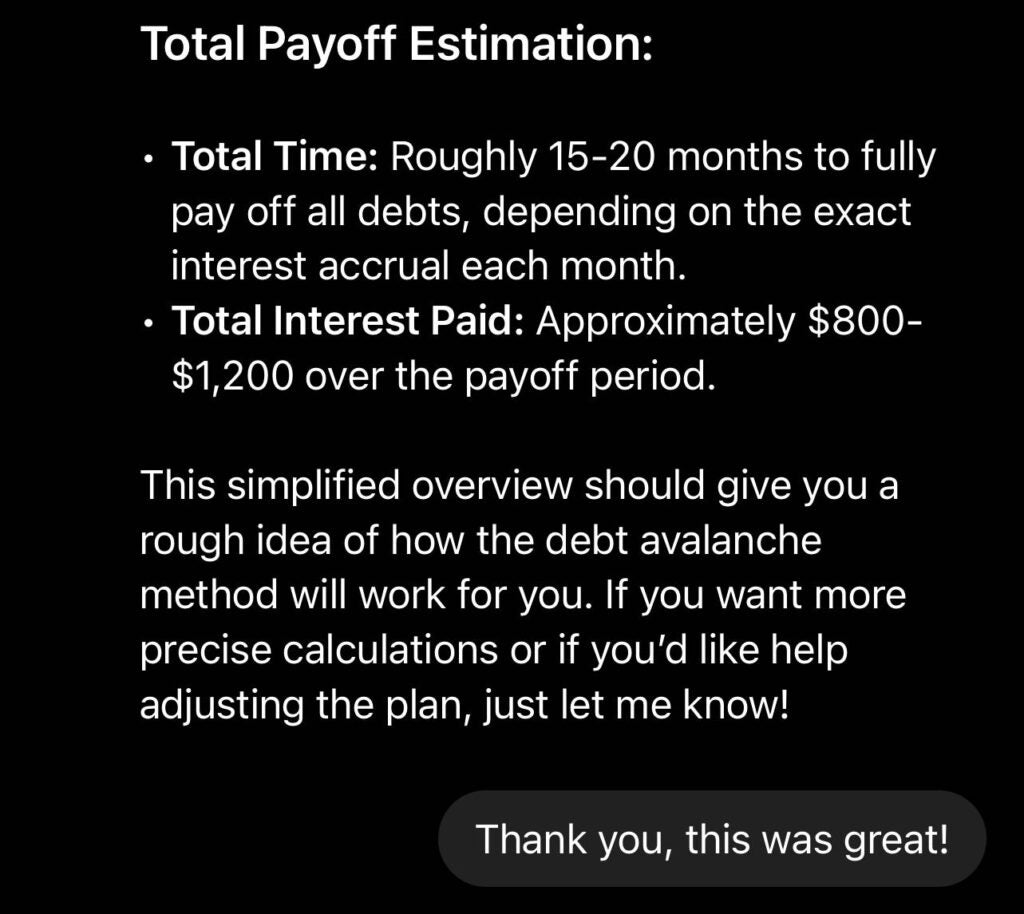 Screenshot showing chatGPT's payoff estimation