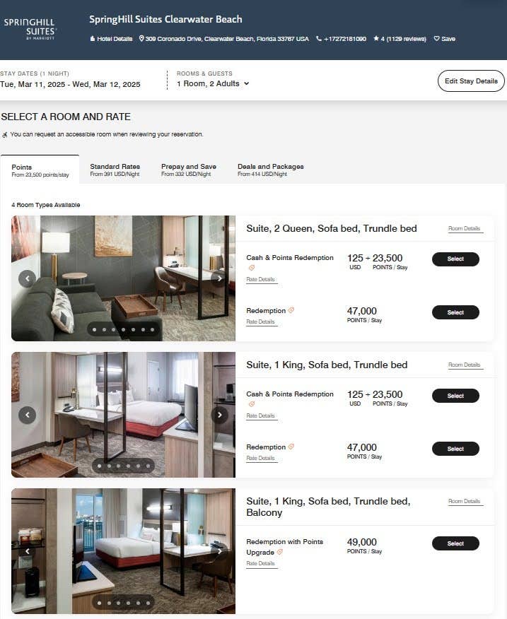 Screenshot of the select a room and rate