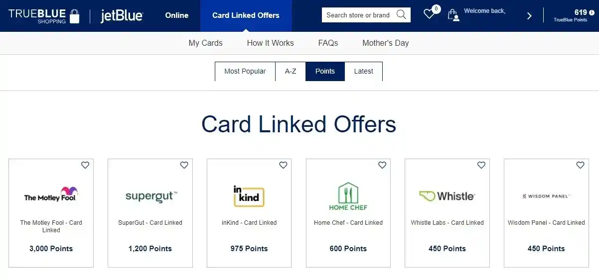 Screenshot of JetBlue TrueBlue shopping portal