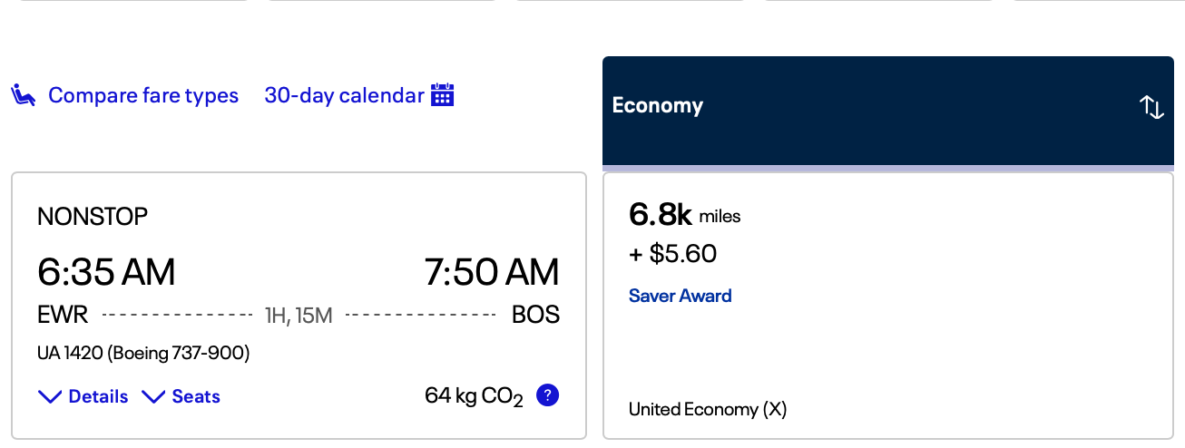 Screenshot of same flight offered for 7k United miles